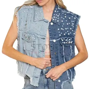 New Denim Sleeveless Women's Vest Fashion Casual Holes Waistcoat Jean Jacket Beaded Slim Coat