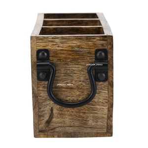 Solid Burnt Wood <b>Kitchen</b> Utensil Holder with Black Metal Handle Countertop Cooking Tools Organizer <b>Caddy</b> for Tableware - Product Image 3