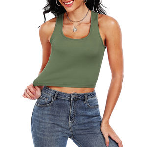 Ropa de Yoga sin costuras, camisetas sin mangas acanaladas para mujer, Color verde oliva, ropa deportiva para correr, ropa de calle, camiseta sin mangas de punto recortada - Product Image 3