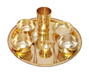 Indian Traditional Dinner Set Handcrafted Brass Thali Plate Bowls with Glass Spoon Beautiful Tableware Gift for Dinner - Product Image 1