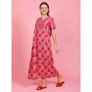 Bata de dormir para mujer 100% algodón con bolsillo lateral, diseño estampado, cintura elástica con cordón, suave y sostenible para uso doméstico - Product Image 3