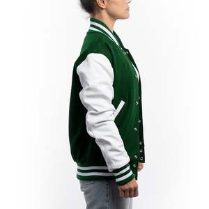 Chaqueta Varsity para Mujer, Hecha a Medida, Ecológica, Resistente al Viento y Transpirable, con Cuerpo de Lana Verde y Mangas de Cuero Blanco Brillante - Product Image 3