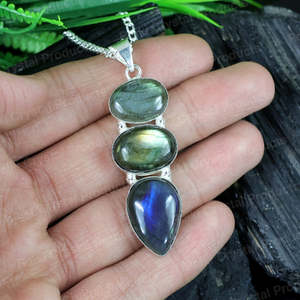 Natural Labradorite <b>Crystal</b> <b>Pendant</b> Necklace with Metal Chain - Product Image 2
