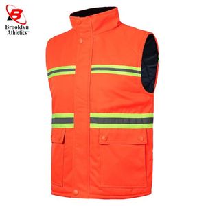 Mens <b>Hi</b> <b>Vis</b> <b>Orange</b> Reversible Bodywarmer Safety Wear Puffer <b>Jacket</b> - Product Image 1