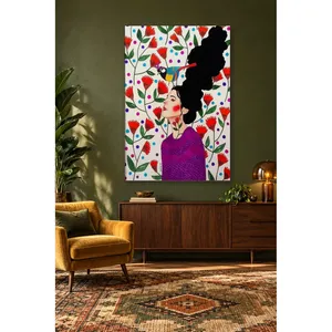 Fida Femme en profil avec oiseau sur fond blanc avec fleurs rouges Impression sur toile - Product Image 5