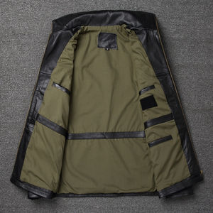 Bomber de moto en cuir d'agneau véritable pour hommes hiver personnalisé col montant avec toile tissu - Product Image 4