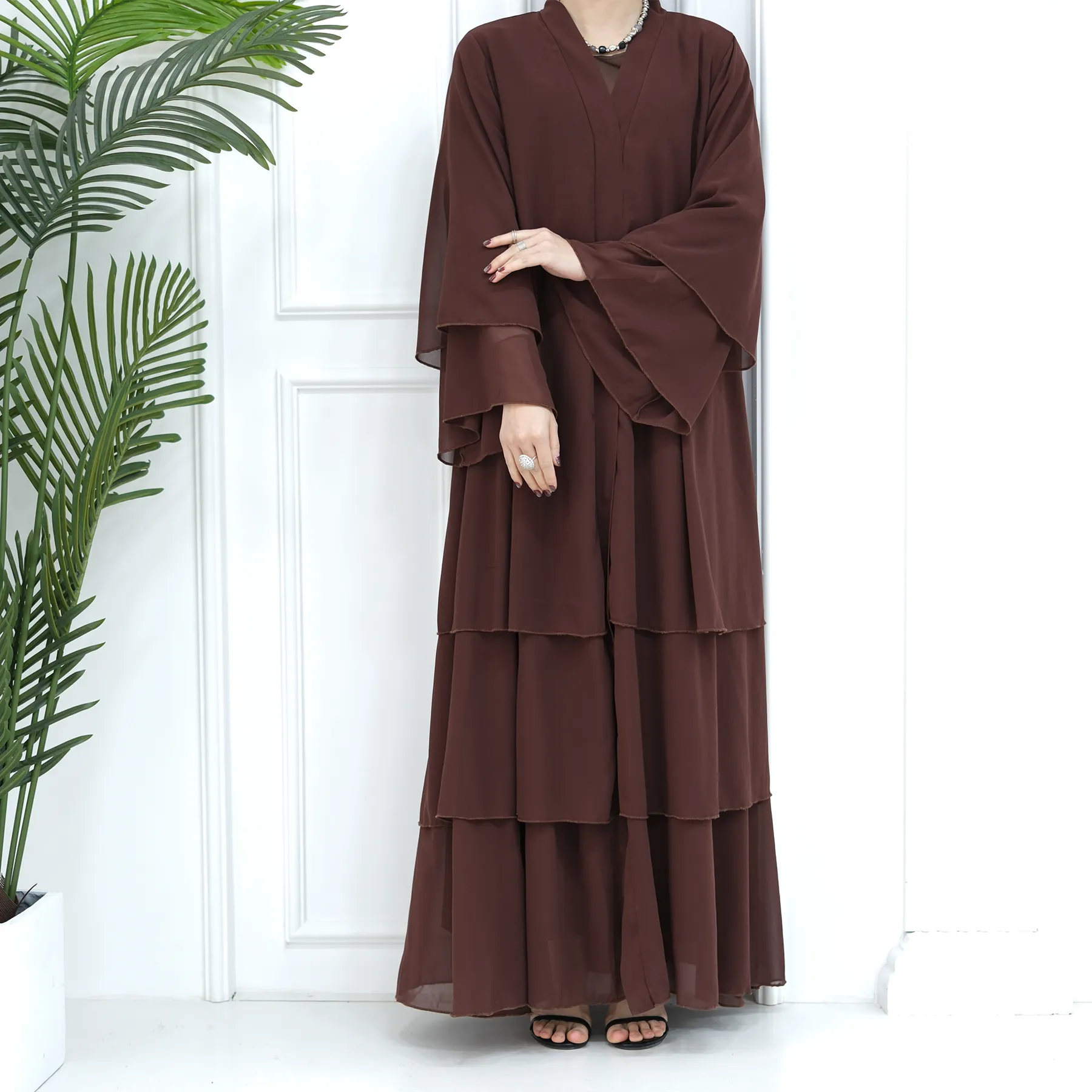 Abaya ouverte 3 couches en mousseline de soie de couleur unie Dubaï Turquie robes musulmanes élégantes kimono pour femmes vêtements islamiques