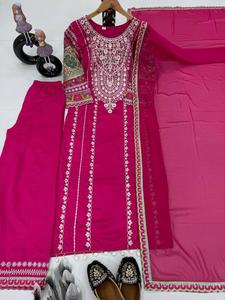 Conjunto de pantalón Kurta de seda Vichitra para mujer con secuencia bordada trabajo espejo Real Organza Dupatta exportación ropa India pakistaní - Product Image 6