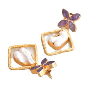 Boucles d'oreilles en laiton de qualité supérieure, plaquées or, avec perles et pierres naturelles brutes, design hautement poli, plaqué or, hypoallergénique, port sûr - Product Image 2