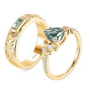 Jeulia Nature Inspired Leaf Carved Moss Agate Couple <b>Rings</b> <b>Set</b> - Product Image 3