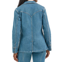 Blazer de costume professionnel en denim de laine haut de gamme pour femme, tendance, coupe ajustée, long, motif uni, personnalisable, pour le bureau, à bouton unique