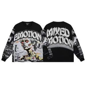Última Novedad: Camiseta Vintage de Manga Larga, 100% Algodón de Alto Gramaje, Estampado Retro de Graffiti y Ladrillos, Bordado Holgado, Estilo Emocional Mixto - Product Image 1