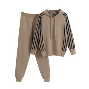 Conjunto de Pantalones de Cintura Alta y Sudadera con Capucha, Ropa de Punto Transpirable con Diseño a Rayas, Estilo Casual de Otoño, Conjunto de Dos Piezas - Product Image 1