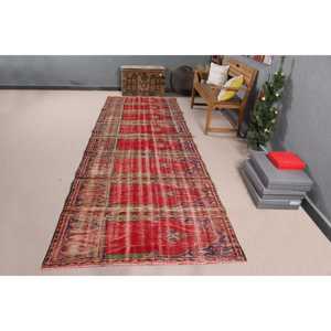 Turkish Rug, 4.2x13.1 ft <b>Runner</b> Rug, <b>Red</b> Check Wool Vintage Rug - Product Image 3