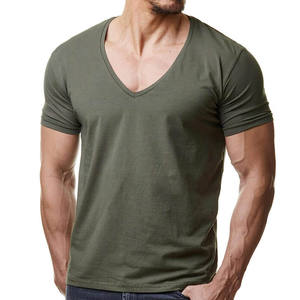 Gris chiné profond col en V tri-mélange t-shirts mode hommes T-Shirt mince col en v Fitness décontracté T-shirt Fit - Product Image 2