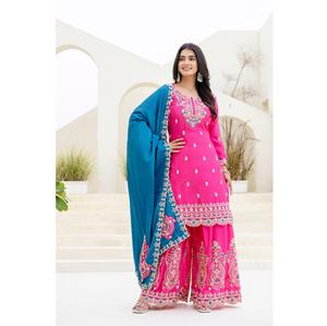 Fournisseur indien de costume palazzo en soie chinon avec broderie, travail de séquence pour les occasions festives et les tenues de soirée, disponible à la vente - Product Image 1