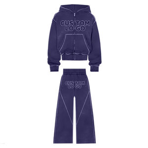 2025 survêtement surdimensionné lavé à l'acide personnalisé hommes français éponge strass Vintage pantalon évasé et sweat à capuche 2 pièces ensemble survêtement - Product Image 6