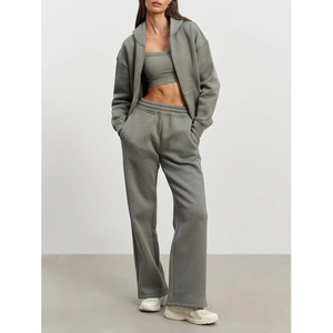 2025 nouvelles femmes à la mode confortable Athleisure deux pièces personnalisable Crop double-zip à capuche et pantalon de survêtement ample droit pour les femmes - Product Image 3