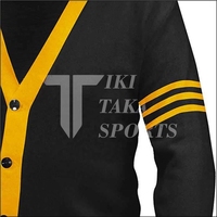 Cardigan tricoté unisexe à col rond brodé, noir et or, avec logo personnalisé, tendance hiver, anti-plis, patchwork