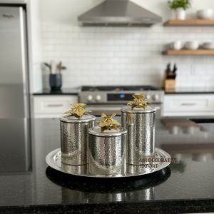 ชุดกระป๋องโลหะพับได้แบบมีฝาปิดทำด้วยมือสำหรับใช้ในครัวชุดกระป๋องบิสกิตกาแฟชาหรูหราปรับแต่งได้สีเงิน - Product Image 2