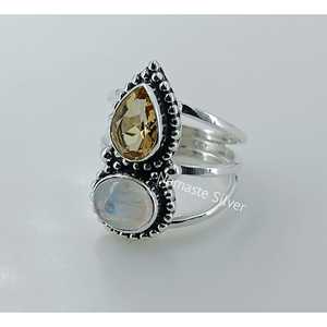 925 Sterling Silver Handmade <b>Statement</b> <b>Ring</b> for Women Natural Citrine and Rainbow Moonstone November Birthstone Gift - Product Image 5