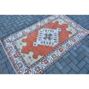Turkish 3.6x5.8 ft Rug, Vintage Rug, <b>Red</b> Ikat <b>Wool</b> Rug - Product Image 2