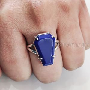 Anillo de Plata de Ley 925 Hecho a Mano para Mujer con Lapislázuli Natural en Forma de Ataúd, Gema del Mes de Nacimiento de Septiembre, Regalo de Aniversario Oriental - Product Image 1