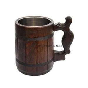 Taza de vino de madera hecha a mano creativa de Calidad exclusiva, taza de cerveza de madera Natural con asa en el interior de acero para suministro al por mayor - Product Image 1