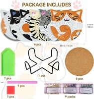 Kit de sous-verres en diamant DIY antidérapants avec motifs de chats à peindre, 6 pièces avec support