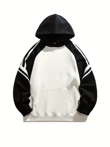 เสื้อฮู้ดผู้ชายสไตล์ลำลองสำหรับฤดูหนาว ผ้าเฟรนช์เทอร์รี่ ขนฟลีซ สีดำ/ขาว ลายบล็อกสีวินเทจ ทรงปกติ ผลิตในบังคลาเทศ - Product Image 2