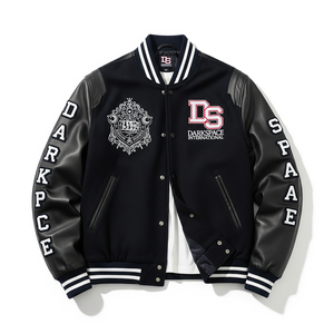 Stand classique laine varsité veste Chenille broderie nouveau Design manches en cuir Durable bouton en métal teint uni hiver avant - Product Image 1