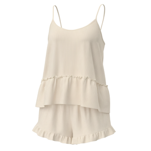 Ensemble de pyjama pour femmes en tricot côtelé avec volants à l'ourlet, short et haut de pyjama léger et respirant, vêtements de détente - Product Image 1