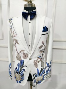 Costume de marié homme blanc avec broderie bleue Costume de marié 2 pièces personnalisé pour fête de mariage - Product Image 5