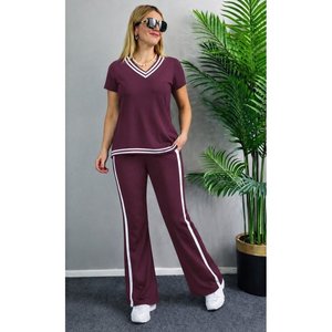 Conjunto de Dos Piezas para Mujer, Blusa de Manga Corta con Cuello en V de Viscosa de Dos Hilos y Pantalones, 35484 - Borgoña - Product Image 1