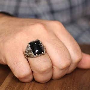 925 Sterling Silver Men's <b>Ring</b> Natural Onyx Stone Rectangular Geometric Pattern Hip Hop Style Platinum Fine for Everyday Wear - Product Image 1