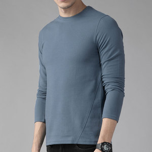T-shirt en tricot à manches longues pour homme, col rond, couleur unie, respirant, coupe ajustée, vêtements décontractés, bleu - Product Image 1