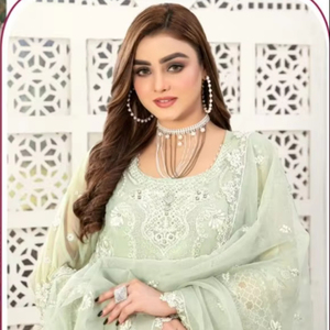 Costume de fête brodé en organza Shalwar Kameez pakistanais gracieux avec fond lourd Dupatta Santoon et intérieur pour un look élégant - Product Image 1