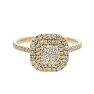 Elegante Anillo de Compromiso de Oro Amarillo de 14K con Baño de Rodio, Clásico con Diamantes Naturales, Diseño Triple Halo con Incrustaciones en Forma de Cuadrado para Mujer - Product Image 4