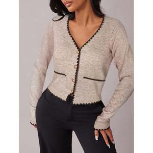 Women's Crocheted Plaid Print V-Neck <b>Cardigan</b> with Buttons - Product Image 3