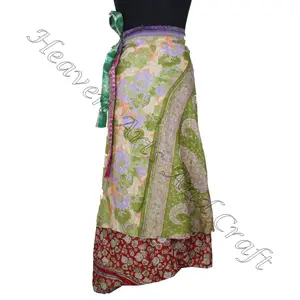 2 Schicht Magic Classy Vintage Sari Seiden wickel röcke Damen Iris Impressionen Paisley Boho Zigeuner Bauer Wickel rock mit hoher Taille