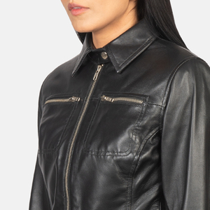Chaqueta de Cuero Genuino Negra para Mujer, Cuello Camisero, Cierre de Cremallera, Bolsillos en el Pecho, Chaqueta de Motera de Piel de Oveja, Prenda Exterior Clásica Informal Personalizada - Product Image 6