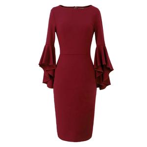 เดรสยาวถึงเข่าสำหรับผู้หญิงชุดเดรสทำงานแขนยาวคอกลมแขนยาวแบบลำลอง - Product Image 2