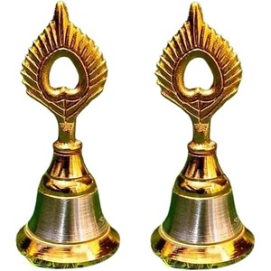 Campana de Puja hecha a mano de latón puro con diseño de Krishna Mor Pankh sonido nítido templo tradicional Ghanti para rituales y hogar Mandir - Product Image 1