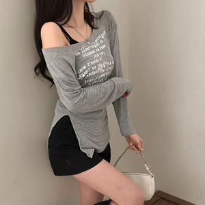 2025 otoño nueva moda Casual Color sólido hombro oblicuo manga larga Camiseta Streetwear Slim Fit Lazy Shirt - Product Image 6