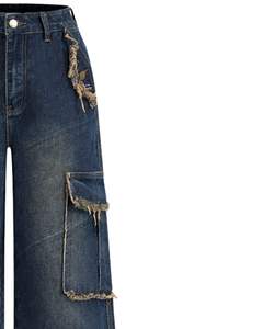 Pantalones Vaqueros Cargo Anchos Azules Personalizados para Mujer, Pantalones de Mezclilla de Cintura Alta con Bolsillos Desgastados, Moda Urbana, Suministro del Fabricante - Product Image 5