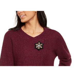 Collezione JM: Giacca Maglione Viola Scuro Taglia X-Large per Donna, con Spilla Metallica Testurizzata per Feste Invernali - Product Image 2