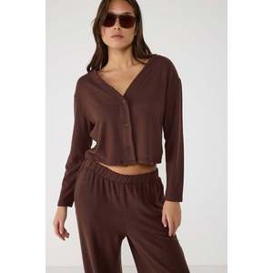 Casual Brown V-Neck <b>Cardigan</b> with Embroidered Button Detail Crocheted Wool <b>Short</b> and Long Jacquard Printed <b>Crop</b> Style - Product Image 3