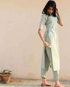 Women's Cotton <b>Kurta</b> Set Traditional Loose Fit Midi Length Casual Wear India Pakistan Style Green Color - Product Image 4