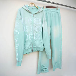 Survêtement personnalisé avec fermeture éclair délavée pour hommes survêtements Rhinestone sérigraphie sweats à capuche pantalons de survêtement pour hommes en détresse - Product Image 2
