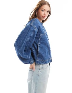 Women Denim Jacket Collarless <b>Balloon</b> Sleeve Indigo Wash Round Neck Midseason Layering Button Placket Wholesale Casual Chic - Product Image 2